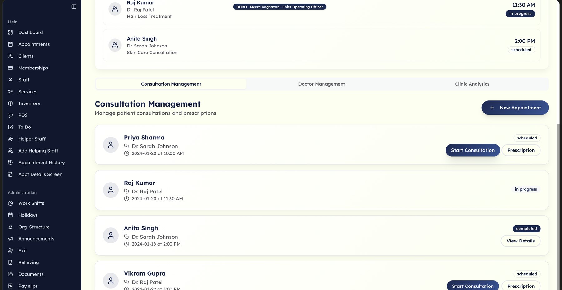 Consultation management: today's patients by doctor with Start Consultation and Prescription actions