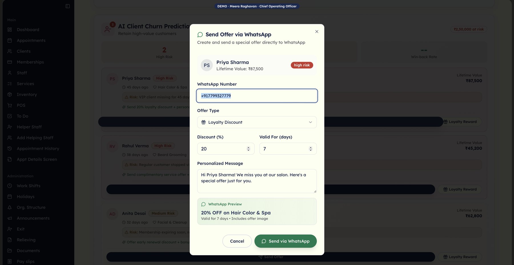 Send offer via WhatsApp: offer type, discount, validity, personalised message and preview